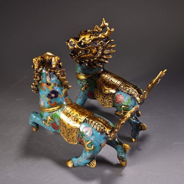 Mid 20th Century Pair of Gilt Cloisonne Enamel Qilin Figures – 5.1" Mythical Beast Statues For Sale In Los Angeles - Image 6 of 10