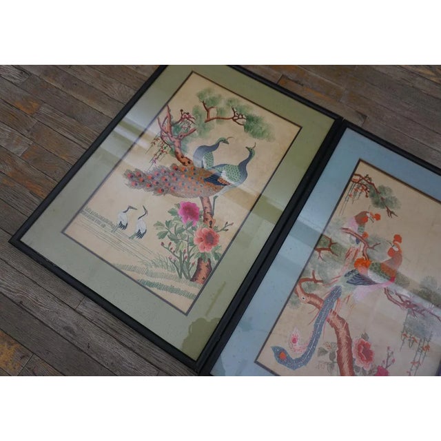 Wonderful Ivory Color With Floral Design Antique Set of Silk Embroidery of Peacock & Phoenix For Sale - Image 9 of 15