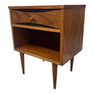 1950s Mid-Century Modern Possibly Walnut Nightstand With Curved Drawer Front, Open Shelf, and Tapered Legs For Sale