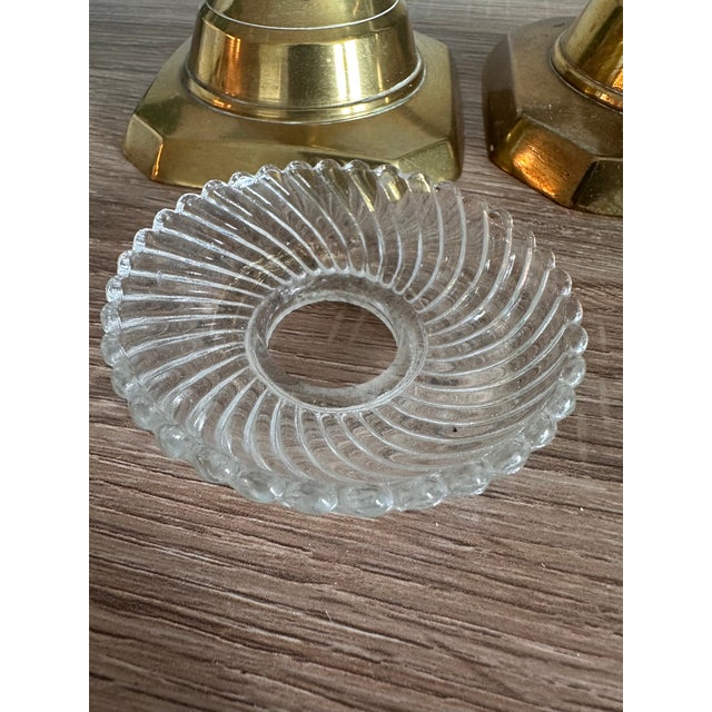 Brass Vintage Solid Brass Octagonal Candlesticks With Swirl Glass Bobeches, Pair For Sale - Image 8 of 13
