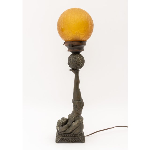 Early 20th Century Art Deco Figural Amber Glass Globe Shade Lamp For Sale - Image 9 of 10