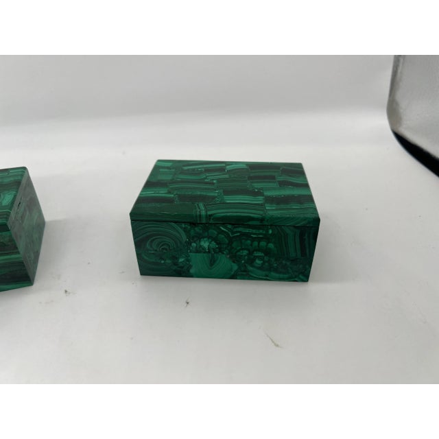 Mid 20th Century Vintage Pair of Malachite Gemstone Lidded Boxes For Sale - Image 5 of 7