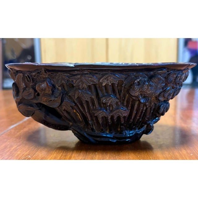 Chinese Carved Buffalo Horn Scholar's Bowl Qing Dynasty For Sale - Image 10 of 13