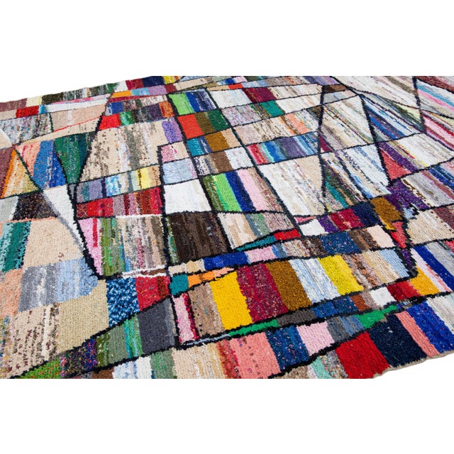 Peach Vintage Tulu Handmade Multicolor Geometric Abstract Wool Rug For Sale - Image 8 of 11