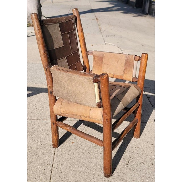 Wood Early 20th Century Old Hickory Arm Chairs With Patchwork Leather - Set of Four For Sale - Image 7 of 11