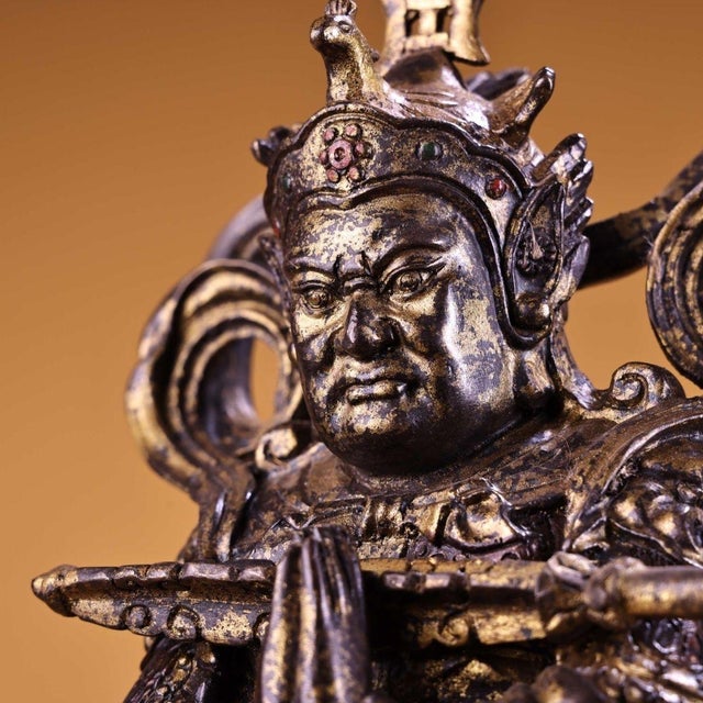 Vintage Gilt Copper Wei Tuo Guardian Deity Sculpture, Buddhist Temple Standing Statue For Sale - Image 4 of 9