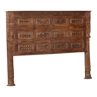 King Head Board Made Froman Antique Indian Carved Teak Door and Pillar For Sale