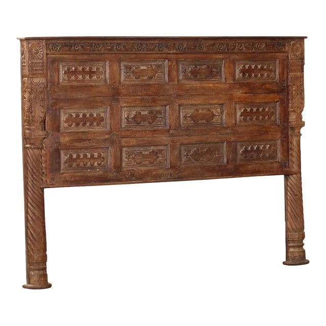 King Head Board Made Froman Antique Indian Carved Teak Door and Pillar For Sale