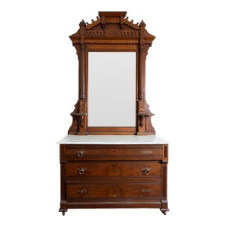 1930s Victorian Style Walnut Dresser With Marble Top and Standing Mirror For Sale