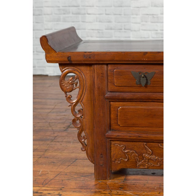 Chinese Elm Three-Drawer Kang Cabinet with Everted Flanges and Carved Spandrels For Sale - Image 12 of 13