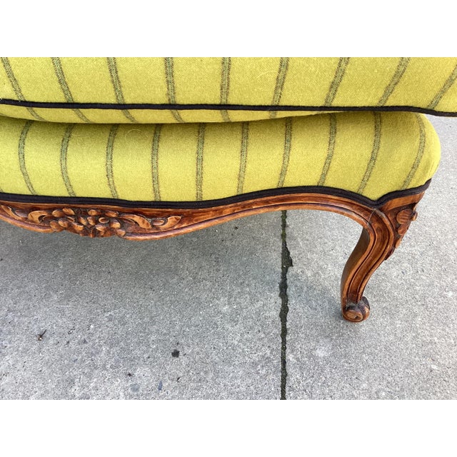 French Ralph Lauren-Style French Bergere Chair W/Green Stripe Wool Upholstery For Sale - Image 3 of 10