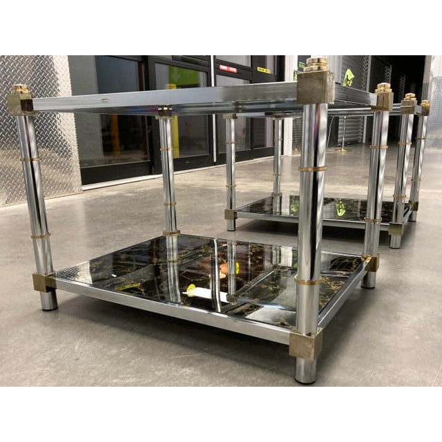 Modern Chrome Brass & Tiered Glass End Tables Manner of Mastercraft For Sale - Image 10 of 13