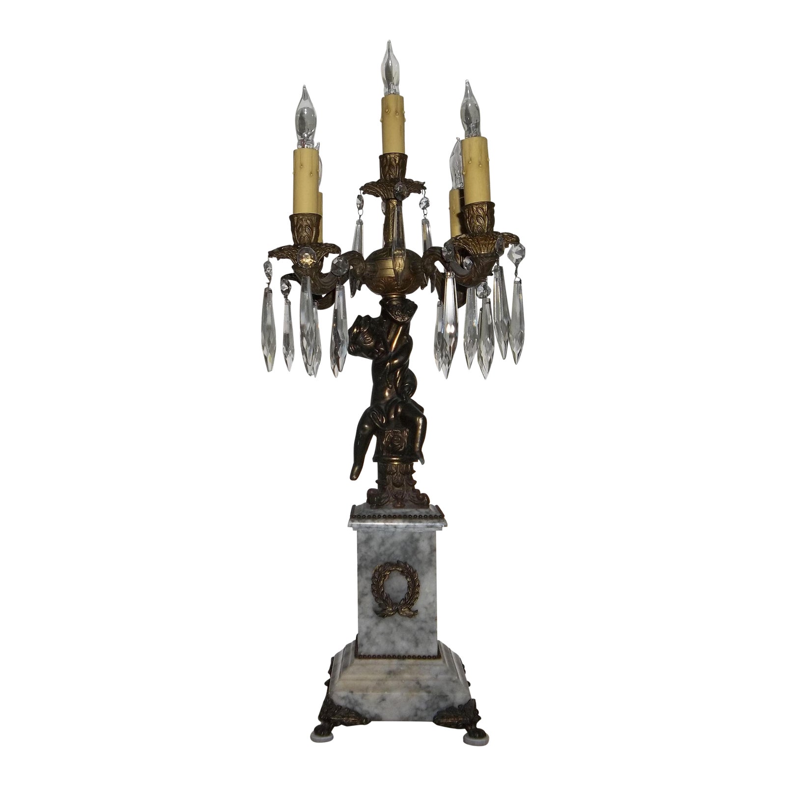 Marble & Antique Brass Cherub Putti Lamp Five Light Candelabra With