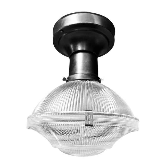 American Holophane 4 Clip Flush Mount Fixture With Diffuser on Original Black Painted Brass Fixture, Circa 1930 For Sale - Image 3 of 7