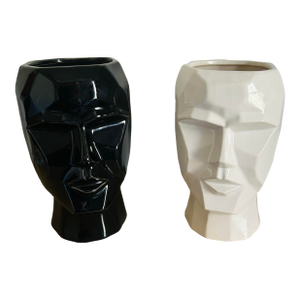 Mid Century Modern Pair of Figural Abstract Human Head Planters Black & White