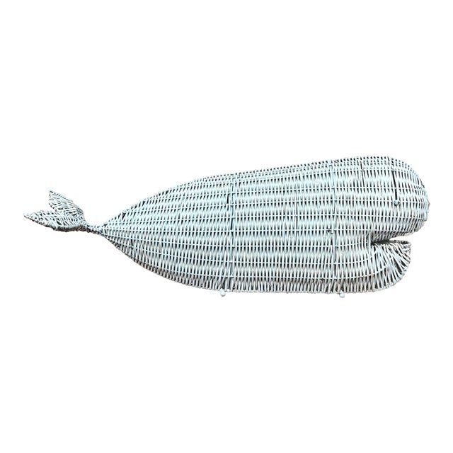 Vintage 1970's Nautical Coastal / BoHo Chic Light Blue Wicker Whale Table Decor For Sale