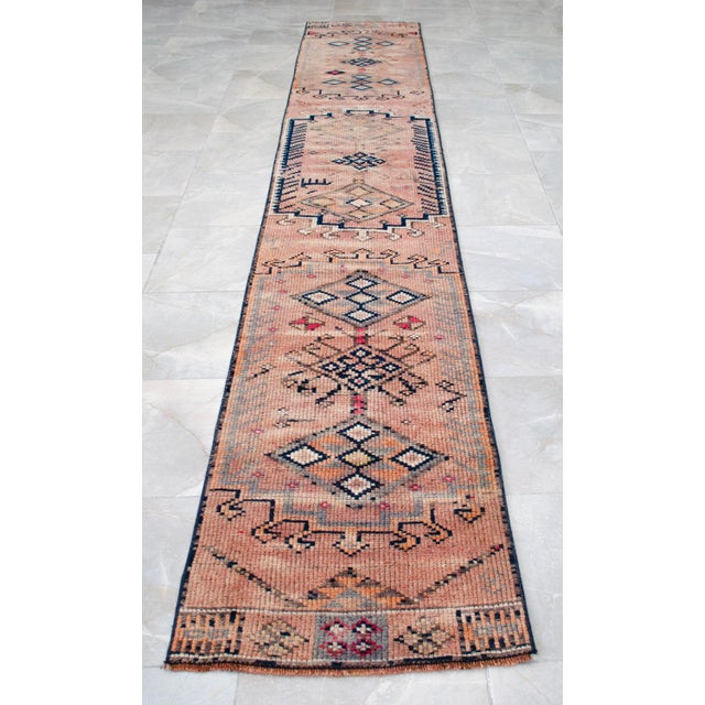 1960s Runner Turkish Hand-Knotted Rug Peach Hallway Decor Kitchen Floor Accent 2x13 Ft Approx For Sale - Image 4 of 15