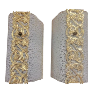 Vintage Small 1 Light Frosted Glass Gold Metal Decorative Front Wall Lamp Sconces- A Pair