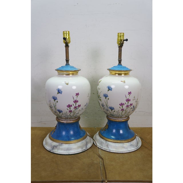 White 2 Antique French Floral Painted Butterfly Ginger Jar Mantel Urn Lamps Pair 34" For Sale - Image 8 of 18