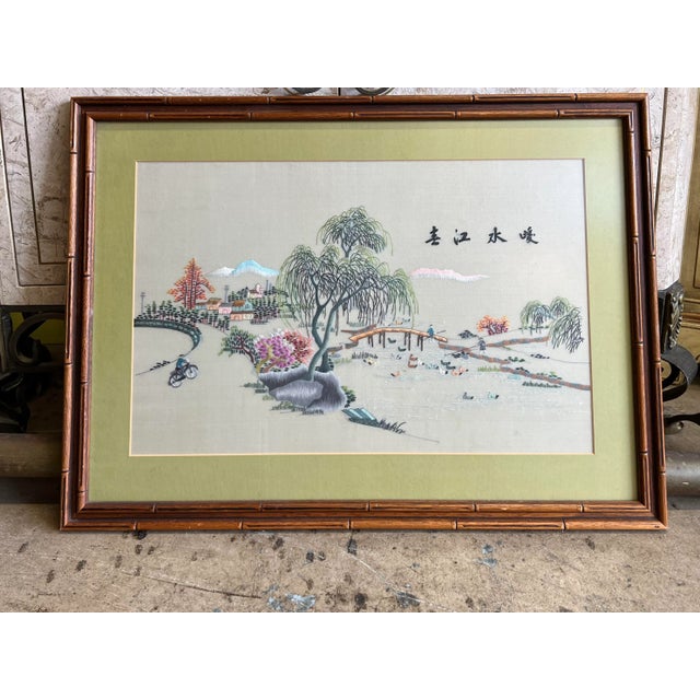 Vintage Asian Style Framed Art Landscape Embroidery For Sale In West Palm - Image 6 of 8