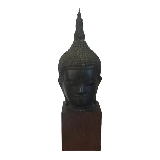 Antique Bronze Bust of Buddha Mounted on a Wood Stand For Sale