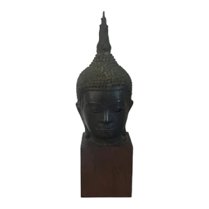 Antique Bronze Bust of Buddha Mounted on a Wood Stand