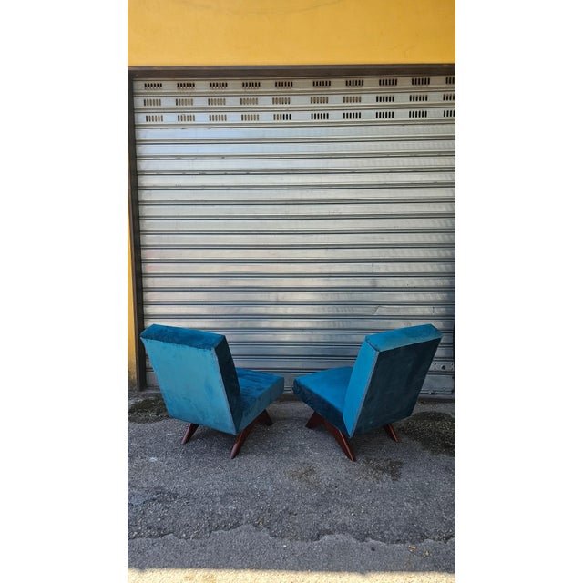 Mid-Century Modern Mid-Century Petrol Blue Velvet Armchairs with Wooden Cross Legs, Italy, 1960s, Set of 2 For Sale - Image 3 of 8