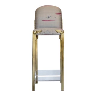 Vintage Printed Silk Upholstered Lucite & Brass Bar Stool For Sale