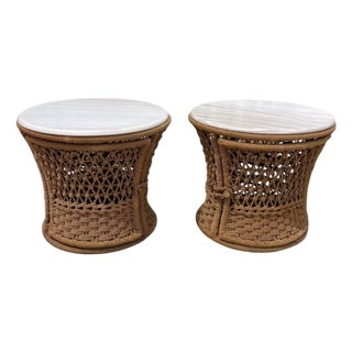 Marzio Cecchi Studio Most Rope Travertine Top Side Tables or Nightstands, a Pair For Sale