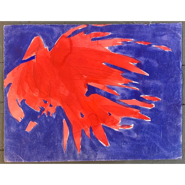 Original Vintage Abstract Red Bird Painting By Robert Cooke