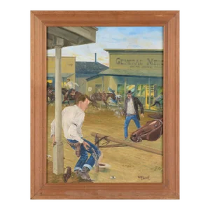 "Sundown" Western Shoot Out, Mid Century Figurative Action Scene by Randy Steffen