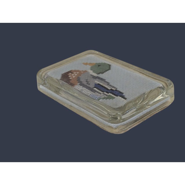 American Vintage Handcrafted Mallard Duck Cross Stitch Glass Paperweight For Sale - Image 3 of 14