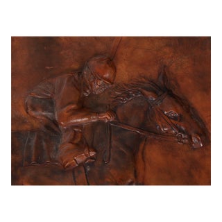 Huge Antique Equestrian Horse Racing Leather Frieze Picture For Sale