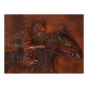 Huge Antique Equestrian Horse Racing Leather Frieze Picture