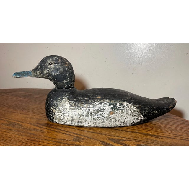Antique 1920s Hand Carved Wood Folk Art Bluebill Drake Duck Decoy Bird Sculpture For Sale - Image 4 of 12