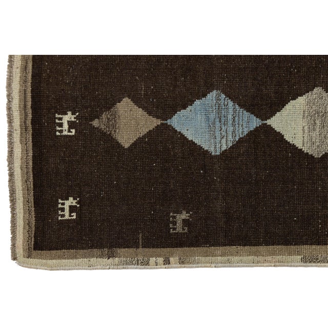 2010s Hand-Knotted Modern Gabbeh Wool Runner – Dark Brown Tribal With Diamond Pattern For Sale - Image 5 of 7