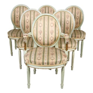 Mid 20th Century Swedish Carved Wood Armchairs With Needlepoint Upholstery, Set of 6 For Sale
