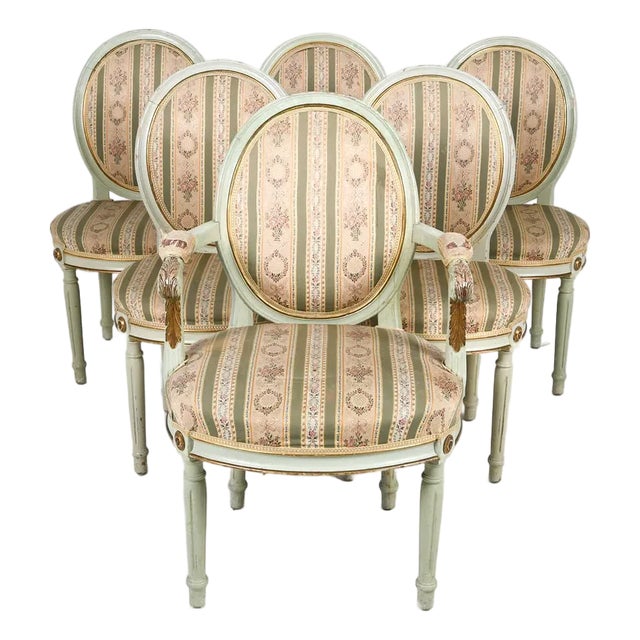 Mid 20th Century Swedish Carved Wood Armchairs With Needlepoint Upholstery, Set of 6 For Sale