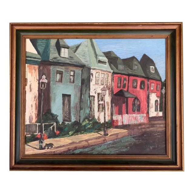 Vintage Original Oil Painting of a Street Scene With Black Dog For Sale