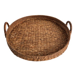 Large French Vintage Raffia Handled Basket Tray For Sale