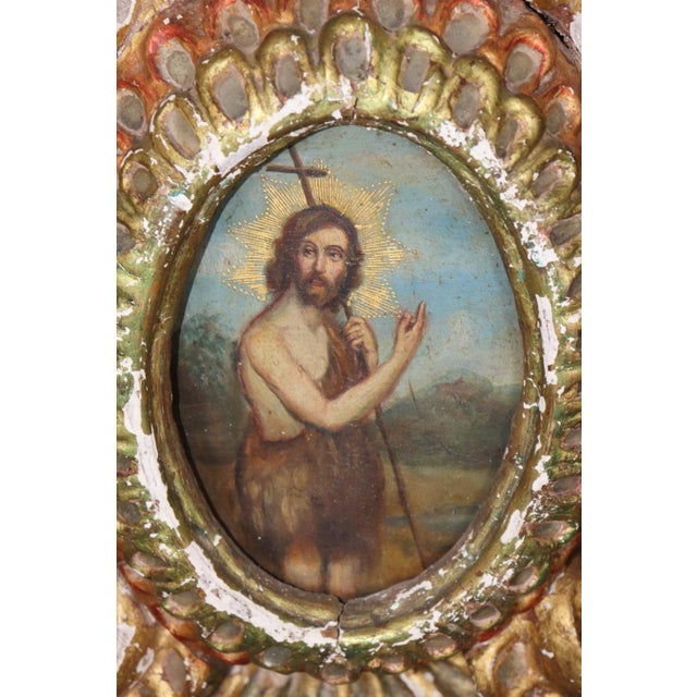 Wood Pair Antique Carved and Gilded Wood Wall Reliquary Plaque With Angel Crests For Sale - Image 7 of 10