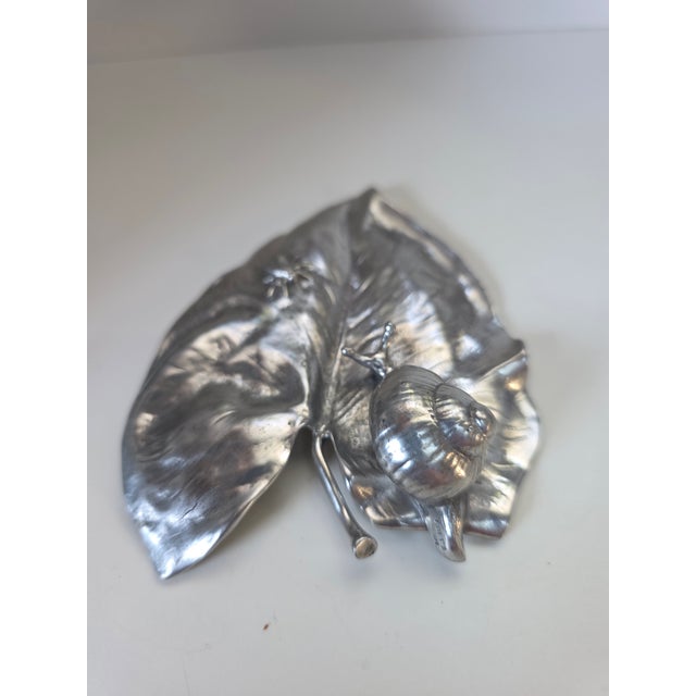 Art Nouveau Achille Gamba Pewter Leaf Dish Tray With Snail & Insect Design For Sale - Image 3 of 4