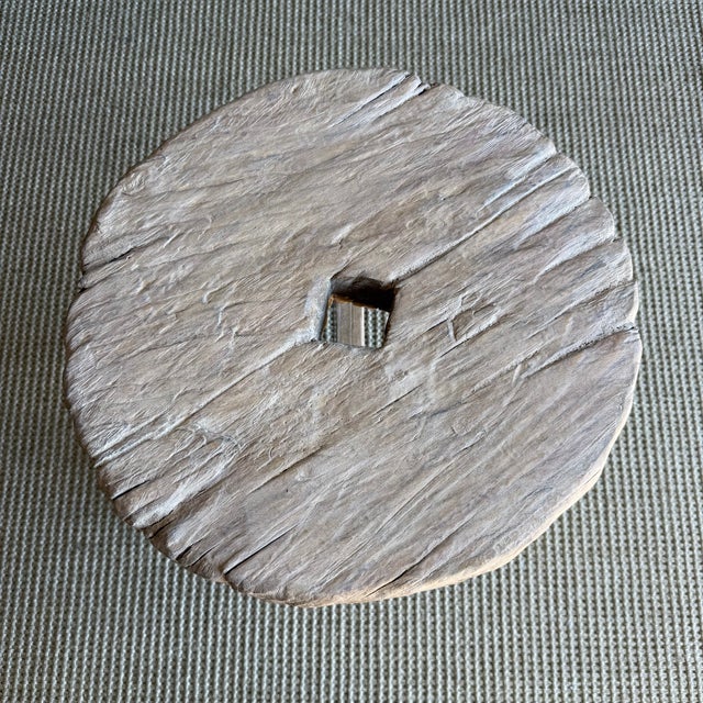 Wood Vintage Elm Wood Wheel Table in Natural Finish For Sale - Image 7 of 8