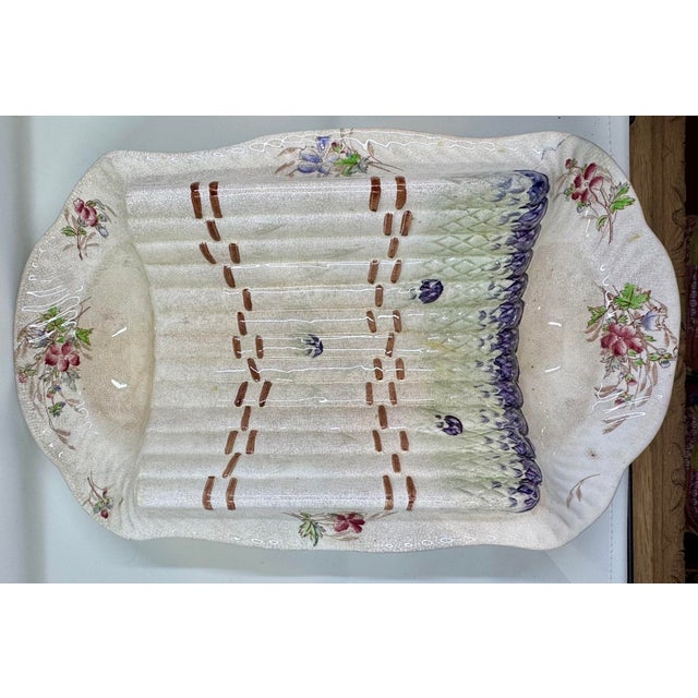 Gorgeous Antique 19th Century Ceramic Asparagus Serving Tray With Sauce Wells At Either End. Tray Was Made In Belgium And...