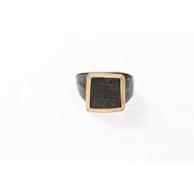 Metal Byzantine Bronze Ring W 21k Square Accent, Size 8 For Sale - Image 7 of 12