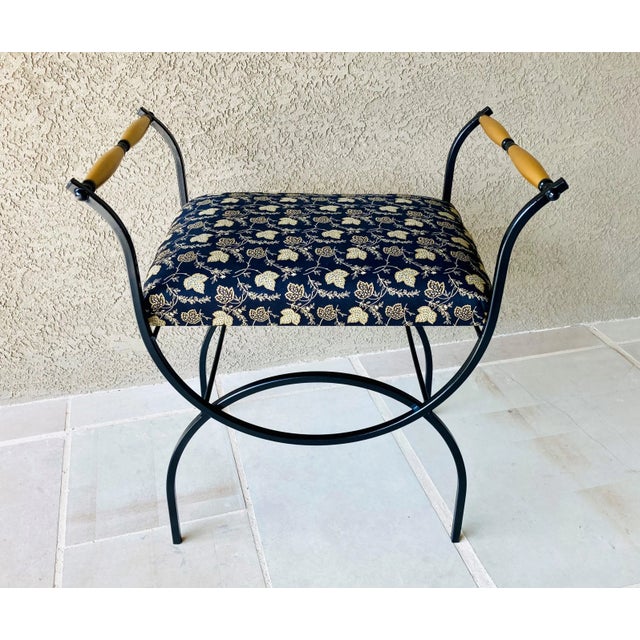 Excellent Pre-Owned Condition. Chic and elegant curule base bench done in a sleek jet black gloss lacquer with brushed...