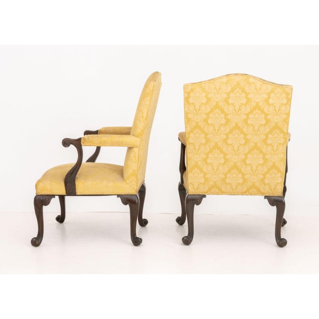 Yellow Pair of Late George II Mahogany Golden Silk Brocade Upholstered Armchairs For Sale - Image 8 of 8