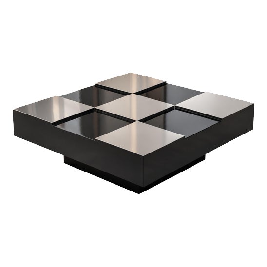 Italian Square Black Lacquer and Steel Coffee Table, 1970s For Sale