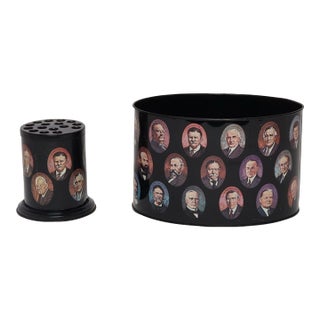 Vintage American Presidents Litho Tin Desk Organizer / Caddy With Pen Holder For Sale