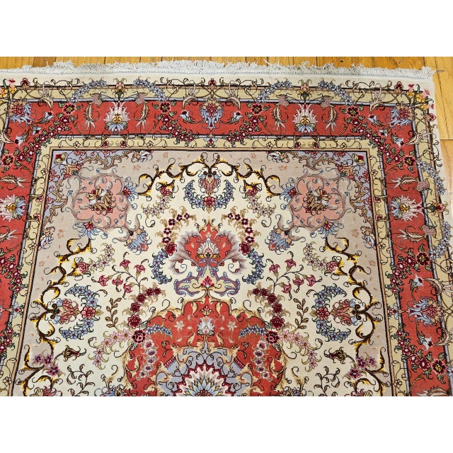 Vintage Persian Tabriz Area Rug, Hand-Knotted Wool & Silk, Floral Pattern, Ivory & Salmon, 5x7 For Sale - Image 9 of 16